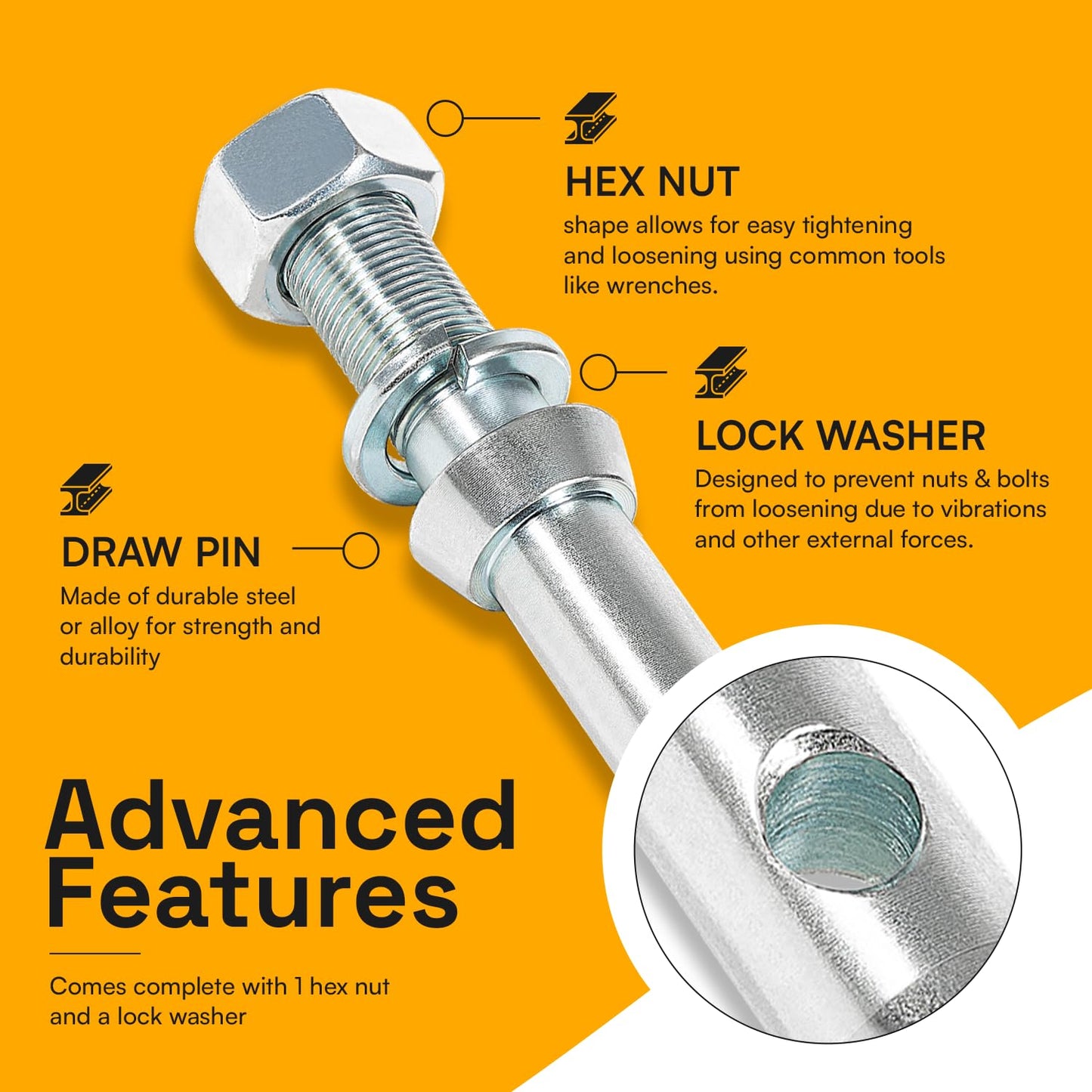 Sunluway 3 Pack Cat 1 Draw Pin Lift Arm Pin, 7/8 in Dia, 5-1/2 in Universal, Forged, Silver, Carbon Steel, Powder Coated, Tractor Hitch Accessories