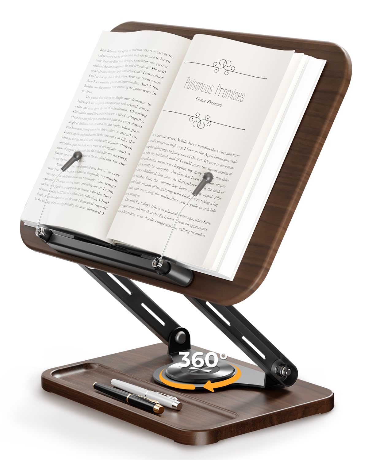 Adjustable Book Stand for Reading, Book Holder with 360° Rotation Base, Height Adjustable Book Reading Stand with Extendable Page Clips — Wooden Stand Holder for Cookbook, Receipe Book, Thick Book