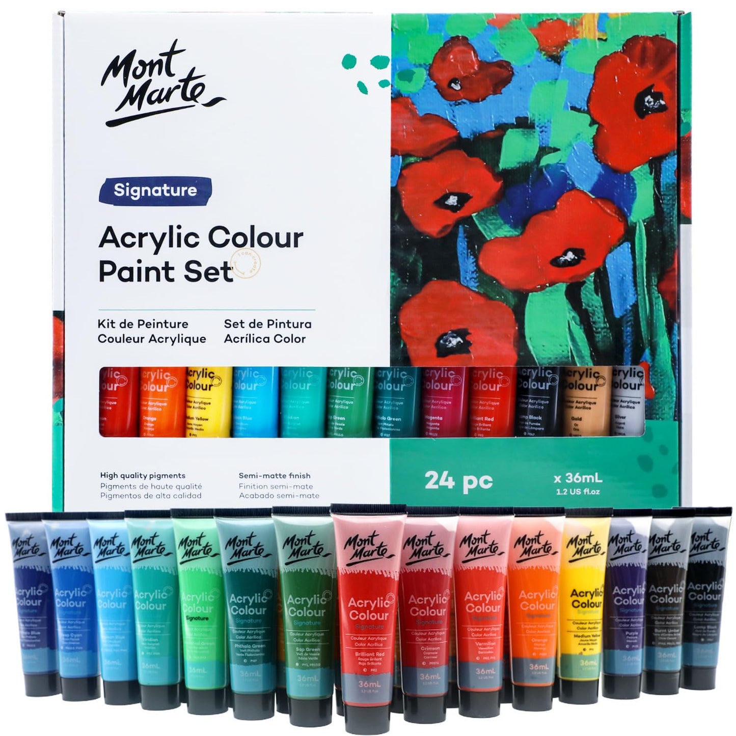 Mont Marte Acrylic Colour Paint Set Signature 24pc x 36ml (1.21 US fl.oz), Acrylic Paint kit Ideal for Canvas, Wood, Air Dried Clay, Cardboard and More, Great Beginner Acrylic Paint Set, Includes 24 Colours