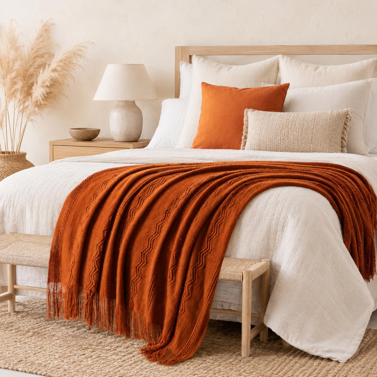BATTILO HOME Caramel Throw Blanket with Fringe Geometric Bed Throws Spring Decorative Large Throw for Couch Sofa Indoor Outdoor (Caramel, 50 inch x60 inch )
