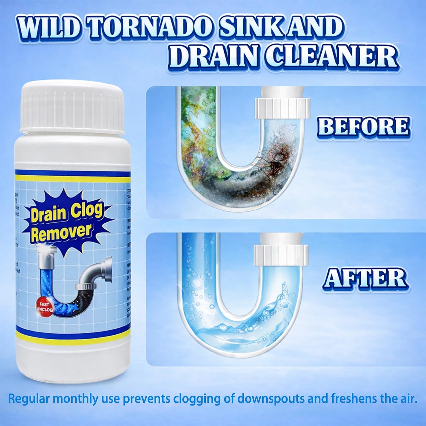 Sink and Drain Cleaner Powder Kit: Fast-Acting Clogged Pipe Opener for Kitchen Bathroom Pipes and Floor Drains - Drain Clog Remover for Routine Home Plumbing Maintenance (440 g)