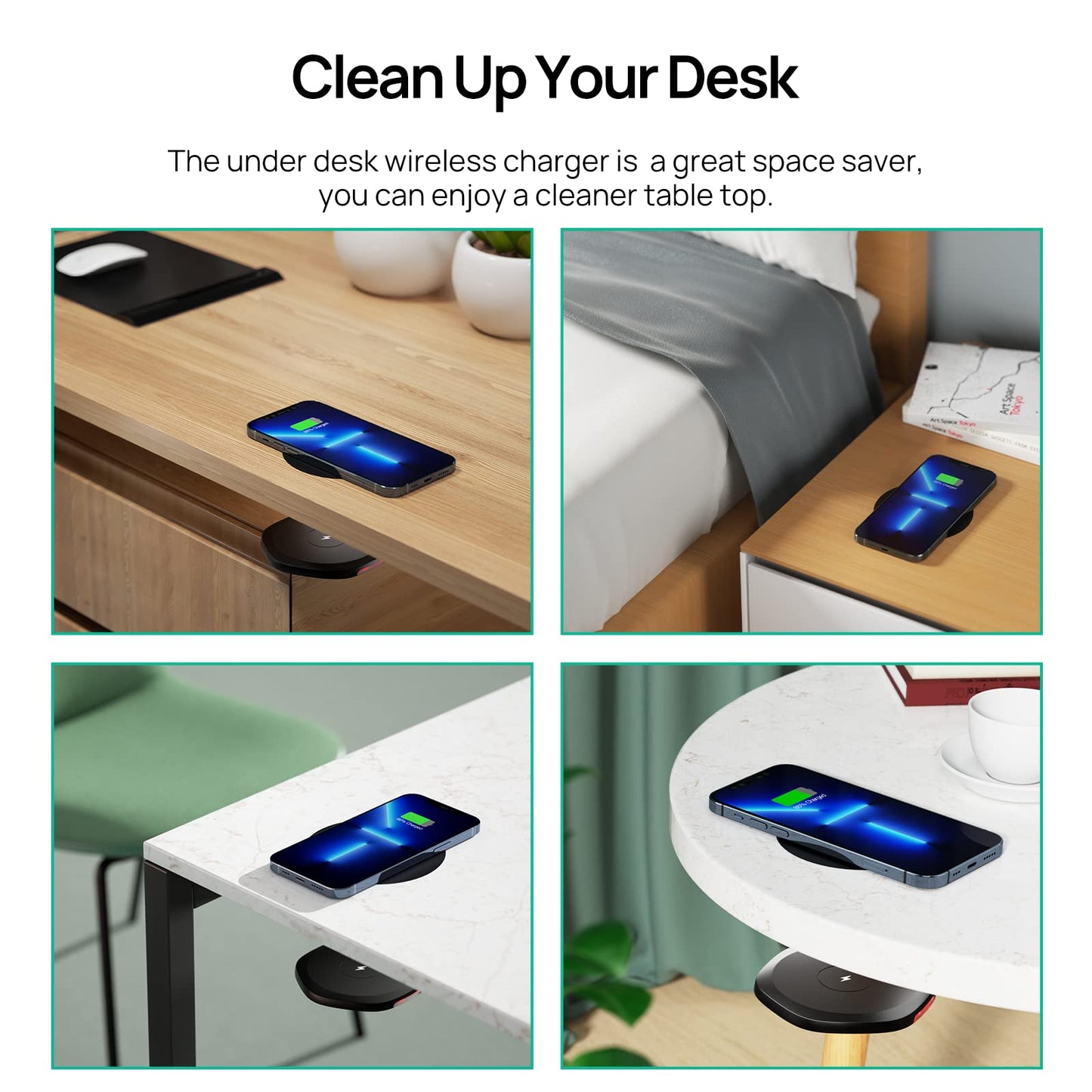 KPON 30mm Invisible Wireless Charger, Hidden Under Desk Wireless Phone Charger, Furniture Table Nightstand Desktop Charging Station for iPhone16/15/14/13/12/11/Other Wireless Phones(with QC Adapter)