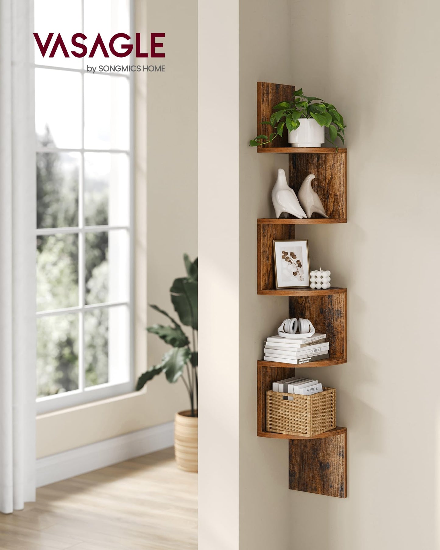 VASAGLE Corner Shelf Wall Mount, 5-Tier Floating Corner Bookshelf, Plant Shelf for Bedroom, Living Room, Bathroom, Home Office, Rustic Brown