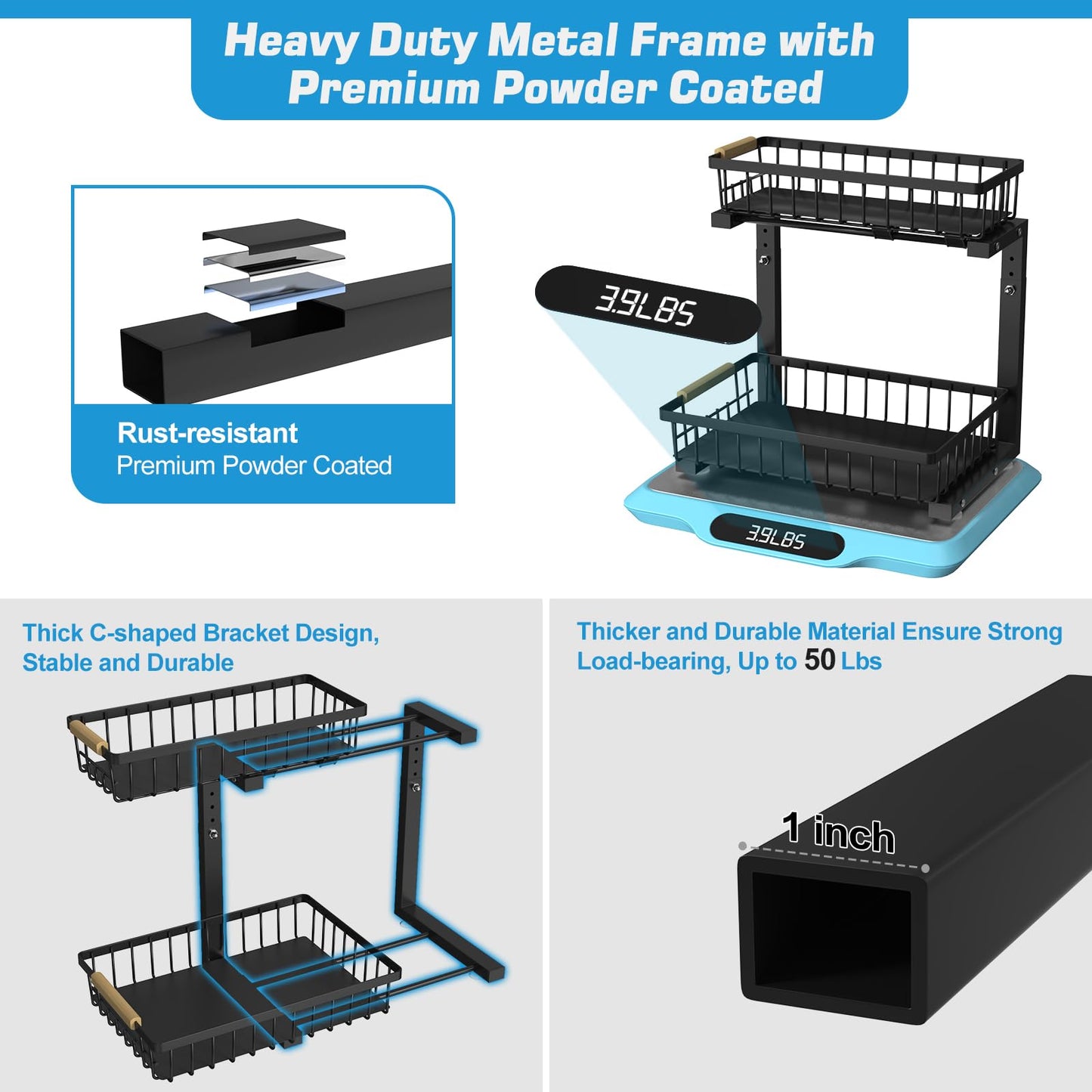 Floridy Under Sink Organizer 2 Packs, 2 Tier Slide Out Large Kitchen Sink Organizers and Storage Height Adjustable Under Cabinet Organizer for Kitchen Bathroom Pantry, Black