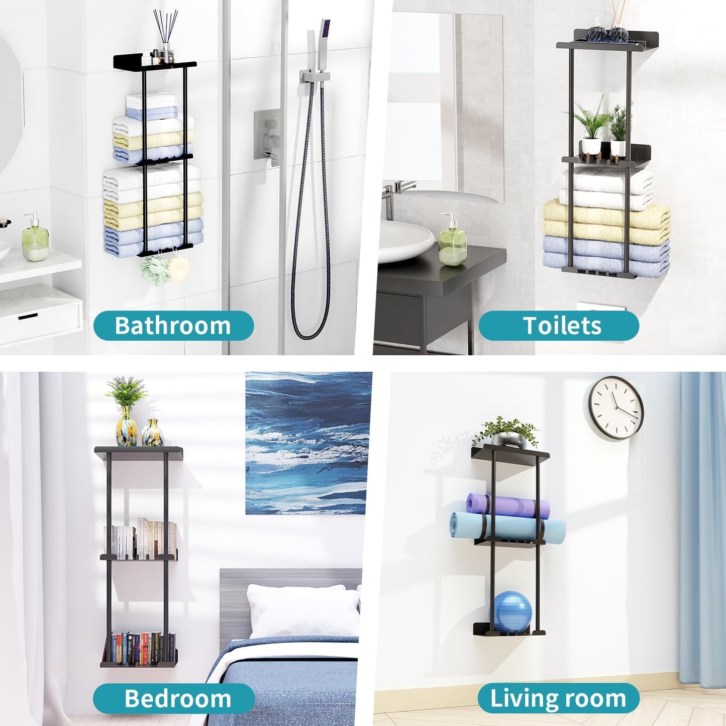 Towel Racks for Bathroom, No Drilling Towel Holder Towel Rack, Towel Storage Wall Mounted, Adjustable Towel Rack Bathroom Storage, Bathroom Towel Holder Towel Shelf for Rolled or Folded Towels, Black