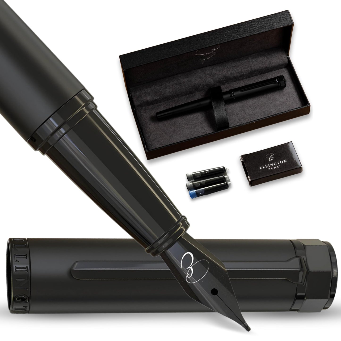 Ellington Pens Luxury Fountain Pen Set- Fountain Pens for Writing - Smooth Medium Nib - Includes Refillable Ink Converter, 3 Ink Cartridges [Black & Blue], Gift Box - Elegant Calligraphy