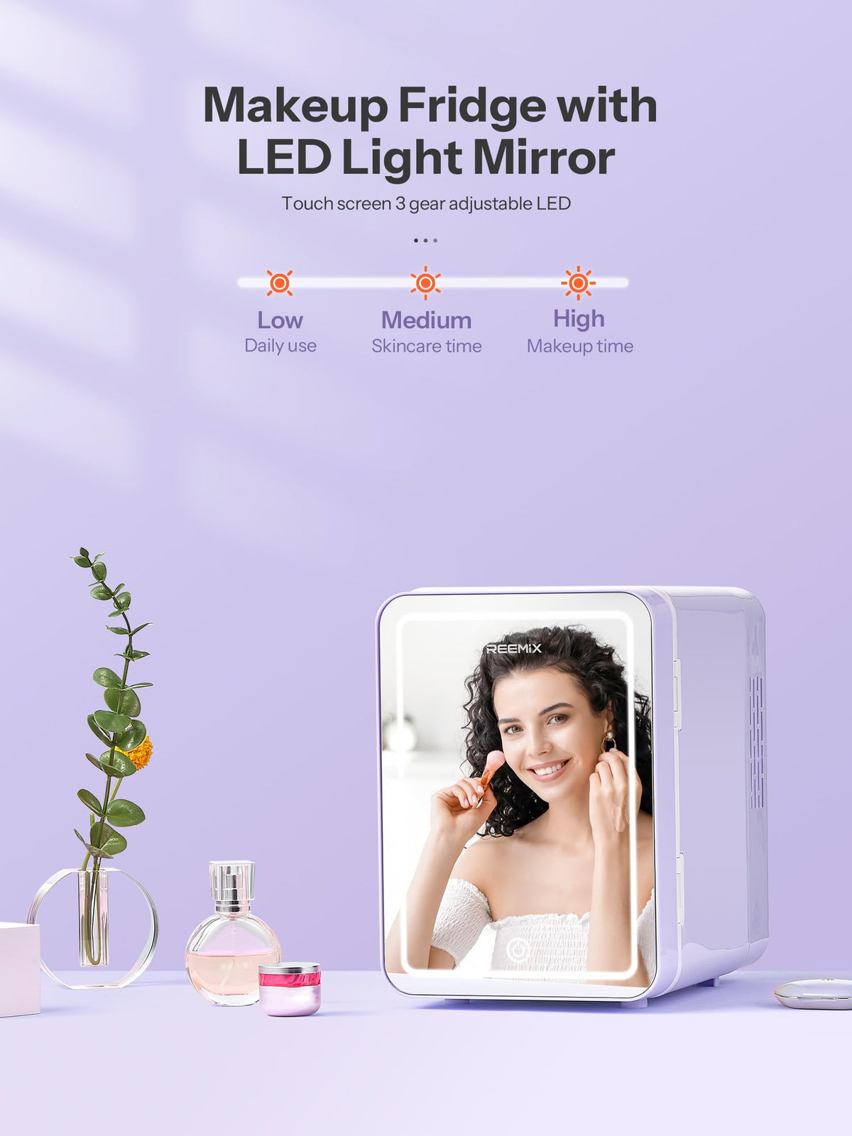 Reemix Skincare Mini Fridge With Dimmable LED Mirror, 4L Mini Makeup Refrigerator for SkinCare, Cosmetics, Food & Drinks, Portable Small Refrigerator for Bedroom, Dorm, Car, Office (Purple)