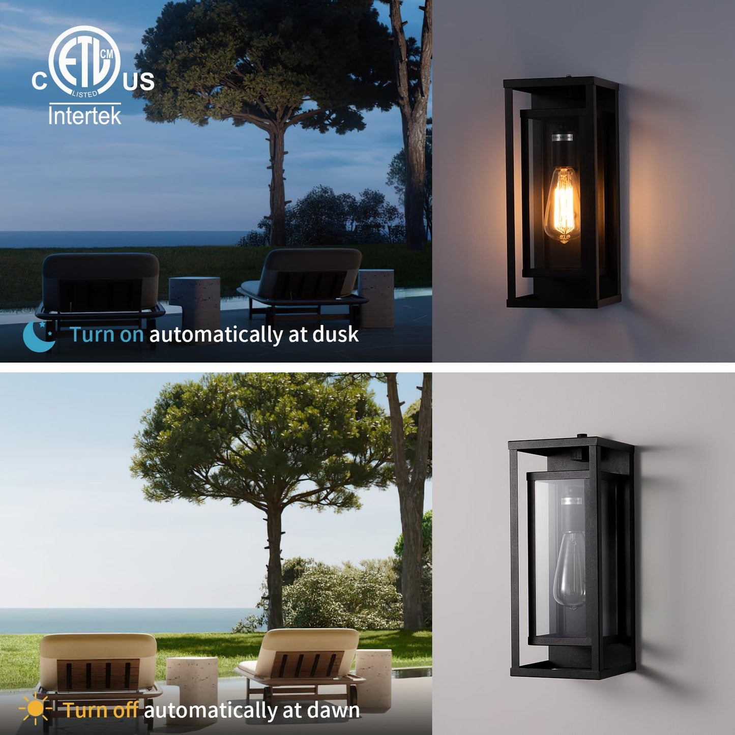 mirrea 14" Dusk to Dawn Outdoor Wall Sconce 1 Light in Matte Black Rectangular Metal Frame and Clear Glass Shade Waterproof Porch Light Patio Light