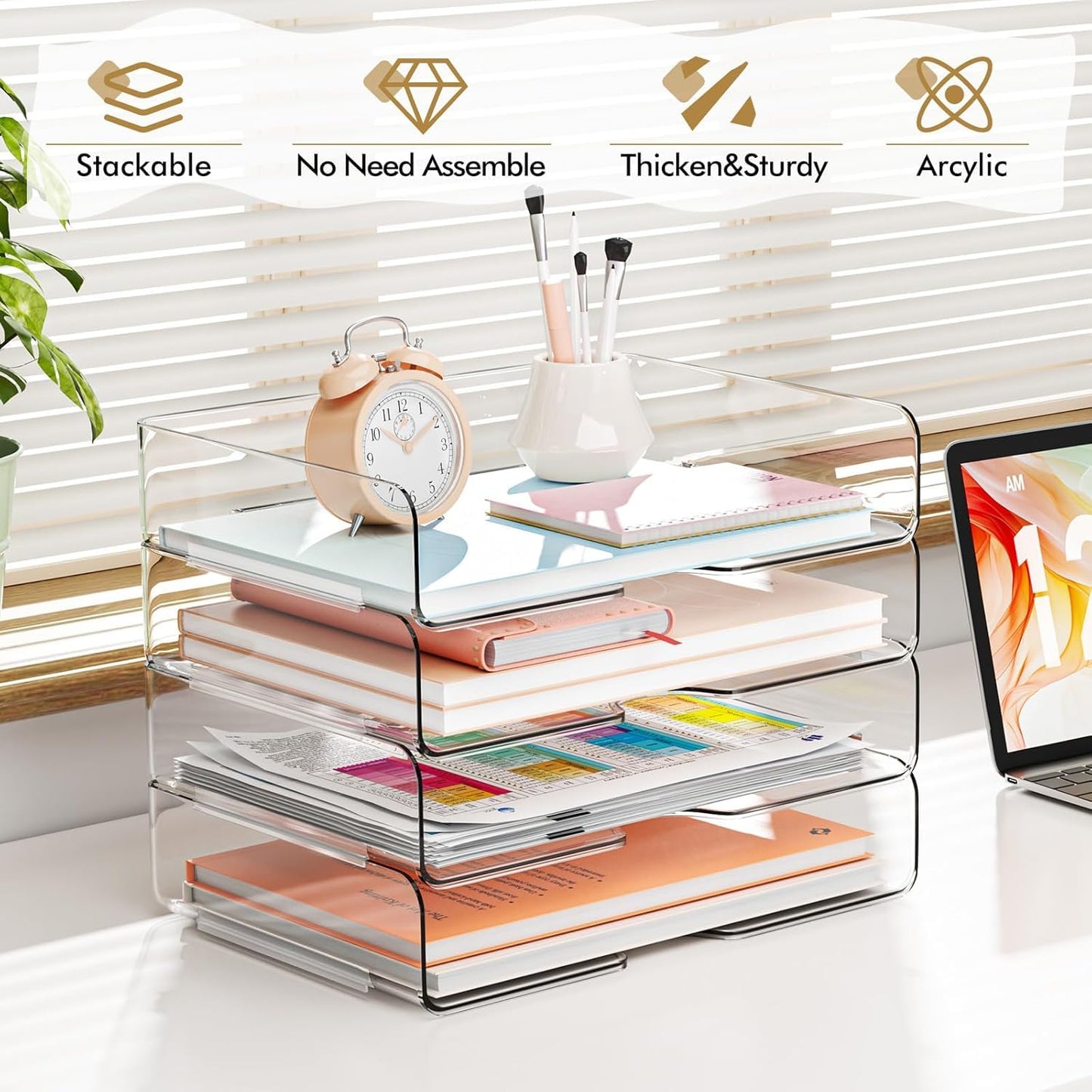 4 Trays Paper Organizer Letter Tray - Acrylic Desk File Organizer, Stackable Clear Paper Holder Sorter Office Organizer for Letter/A4, Office File Ipad Books Notes Etc (Clear Tray, 4 Pack)