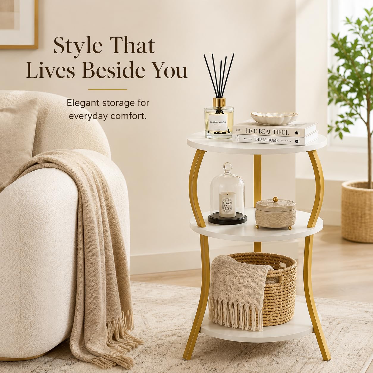 Vintage Round End Table, 3-Tier Slim Waist End Table with Storage Shelf, Small Round Table,Sofa Side Table,Small Round Vintage Table (Classic, White+Gold)