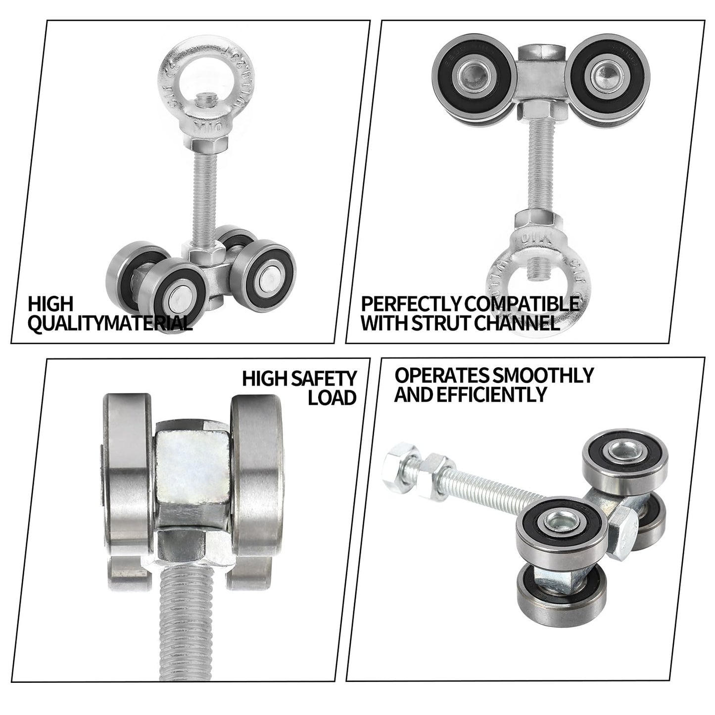 BIAXJUNY 4 Wheel Trolley Assembly Rollers, Silent Strut Trolley, Solid Steel, M10 Bolt, Lifting Eye Nuts, 1-5/8" Wide Strut Channel (2pc)