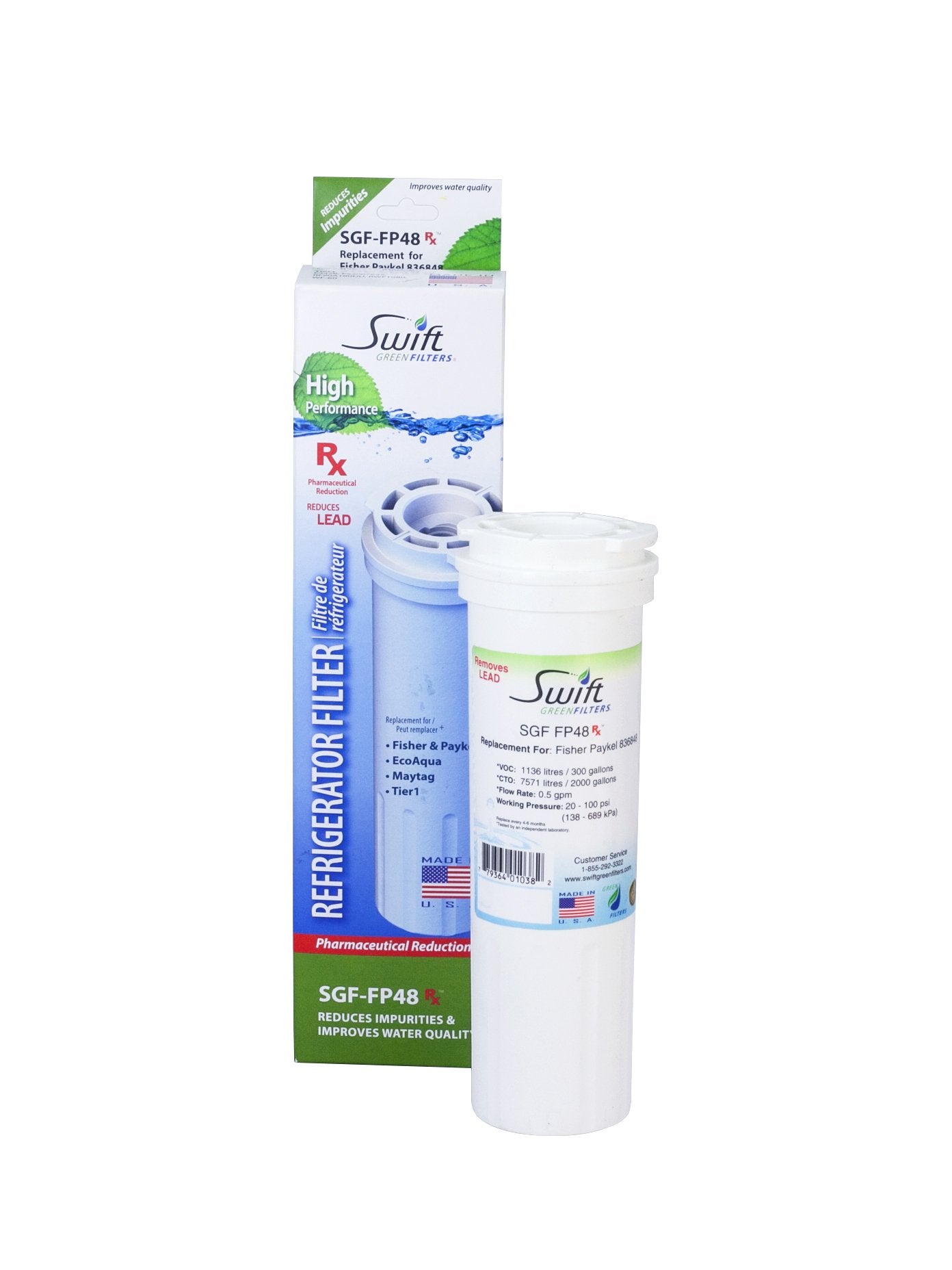 Swift Pharmaceutical Water Filter(SGF Rx) SGF-FP48 Rx Pharmaceutical Replacement Water Fisher&Paykel 836848,WF296,EFF6017,67003662 by Swift Green Filters (3pack), 3 Pack, White, 3 Piece