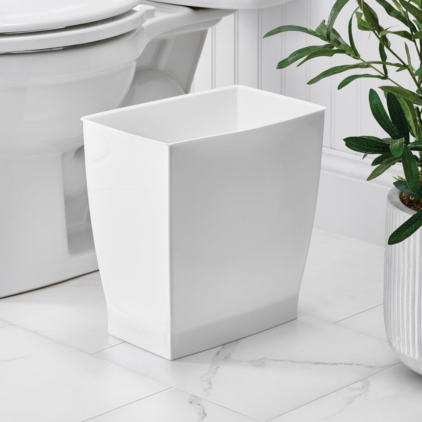 iDesign Spa Rectangular Trash Can, Waste Basket Garbage Can for Bathroom, Bedroom, Home Office, Dorm, College, 2.5 Gallon, White