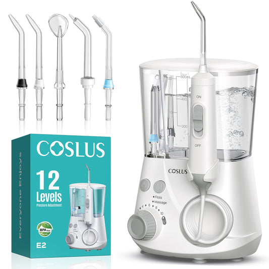COSLUS Water Tooth Flossers for Teeth: 12 Pressure Settings Electric Water Teeth Flossing for Kids, Adults and Seniors- Home Use, 5 Jet Tips for Multiple Users, Family, White, E2