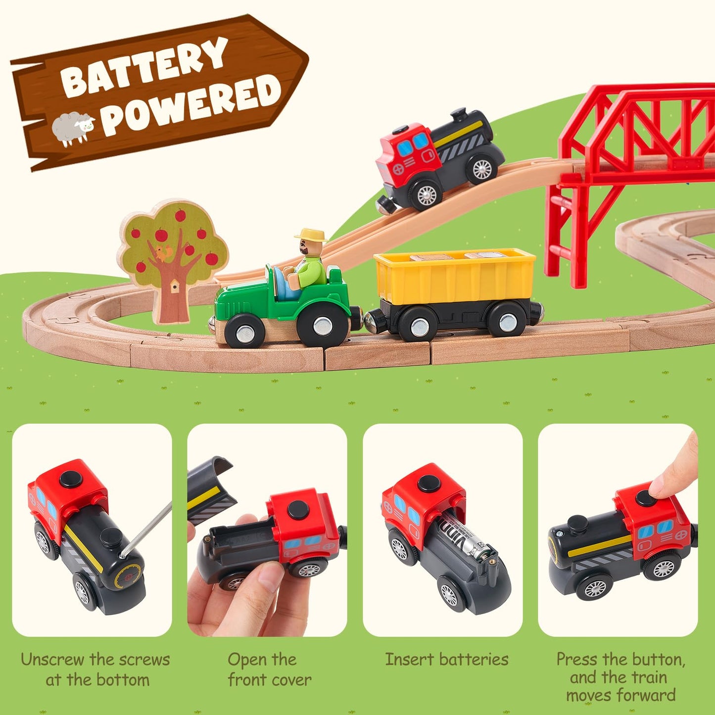 Wooden Farm Train Set for Toddlers, Battery Operated Train Railway Track Set with Bridge, Barn, Animals, Tractor Cargo Trains, Compatible with Most Brand, Toy Gift for Kids Boys Girls Age 3-8