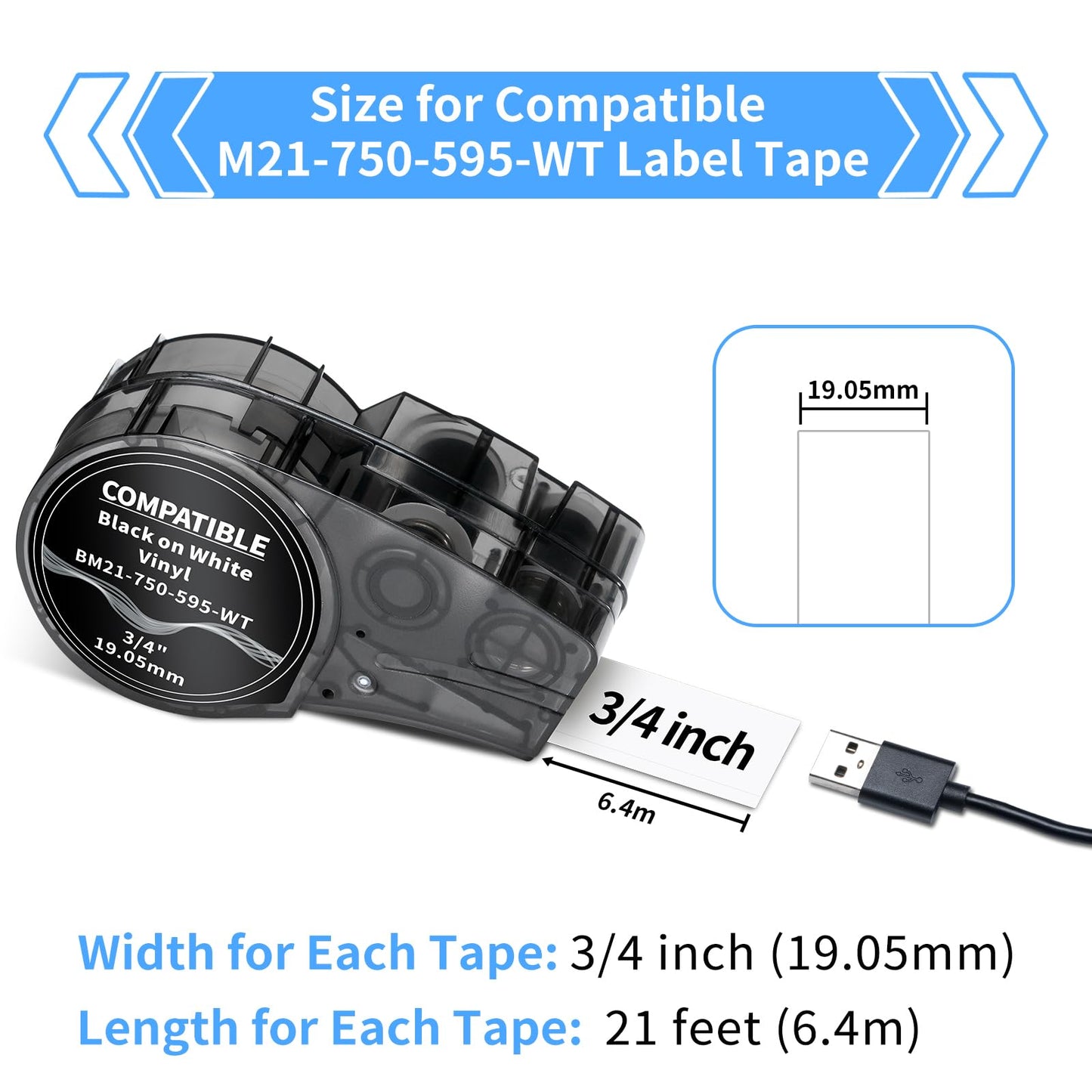 Labelife Label Tape Replacement for M21-750-595-WT All-Weather Vinyl 3/4 Inch Black on White Label Tape, High Adhesion, for Indoor and Outdoor, Lab and Equipment Labeling, 0.75 Inch, 4-Pack