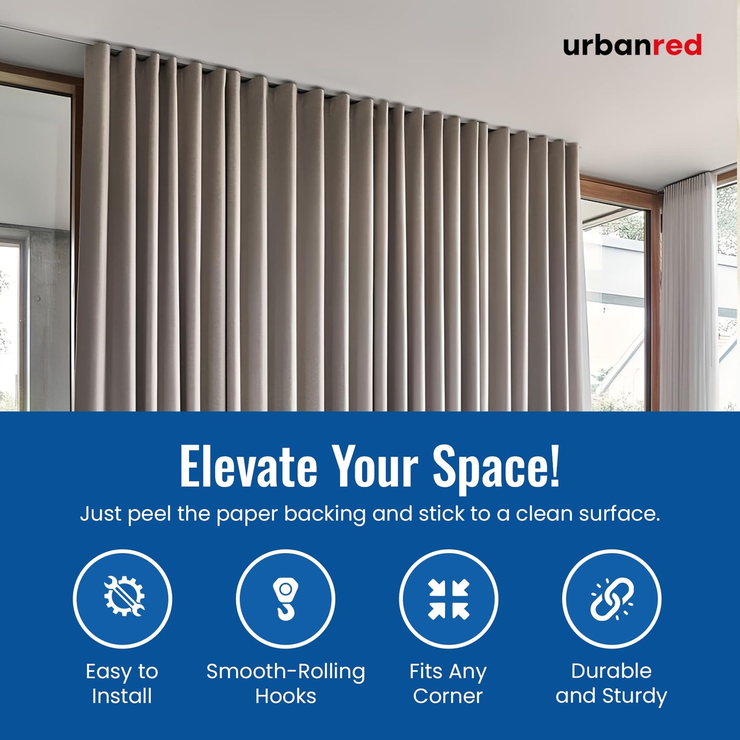 UrbanRed Self Adhesive Curtain Track (3 Meter, 9.8FT) for Smooth Ceiling Or Wall - No Drill, Screws, Ceiling Curtain Track, Curtains Rod, Ceiling Mount, Adhesive Curtains Rod (Non-Flexible)