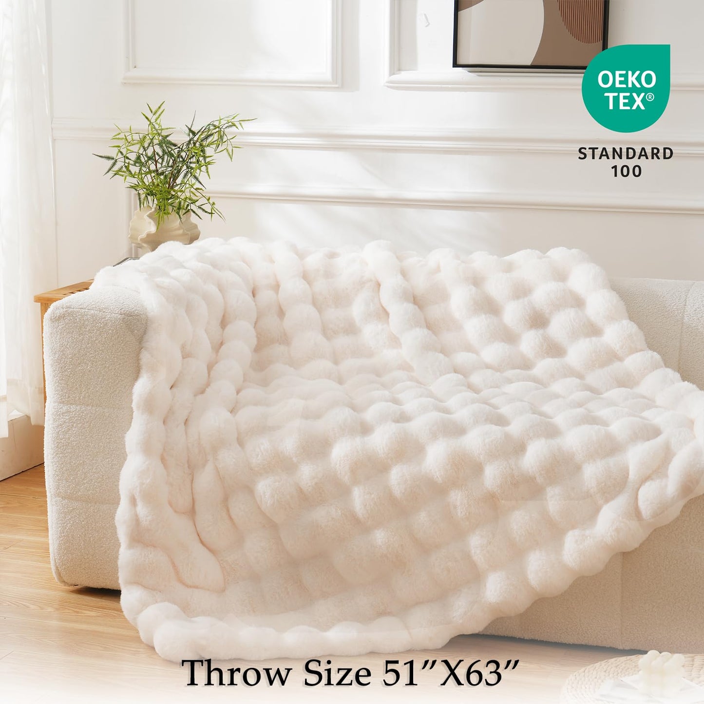 BENVWE Faux Fur Throw Blanket for Couch - Cozy Fuzzy Soft Plush Fluffy Thick Luxury Minky Bubble Blanket for Living Room Home Decor - Mothers Day Birthday Gifts for Women, Cream White, 51" x 63"