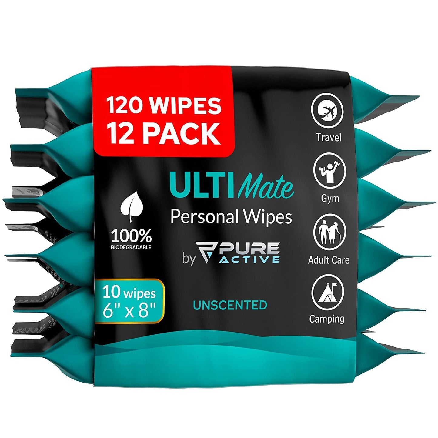 Pure Active Ultimate Shower Body and Face Wipes, Biodegradable Personal Hygiene Body Cleansing Wipes for Men,Women for After Gym Travel Camping Adult Bathing Wipes (120 Wipes 6''x8'', Unscented)