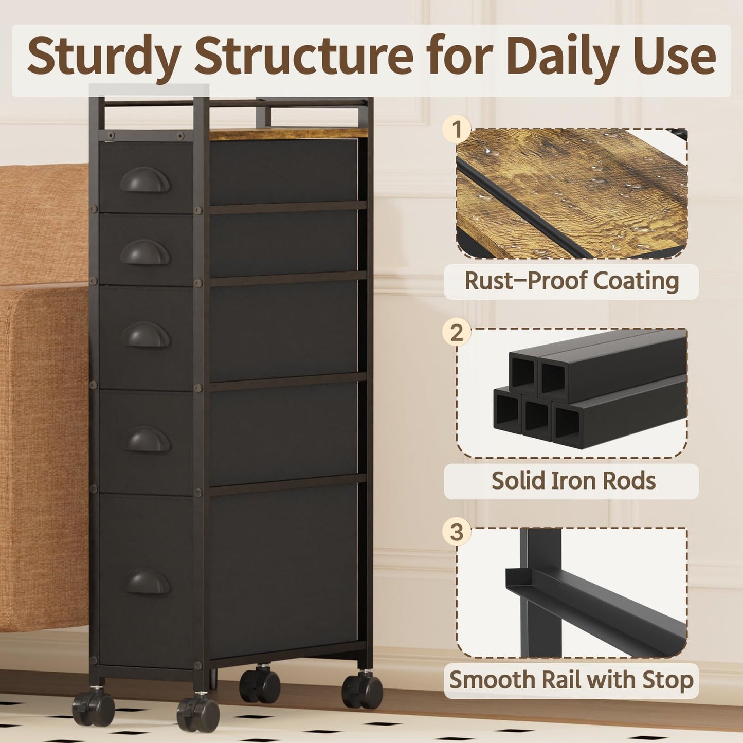LASZOLA 5 Drawer Narrow Dresser Slim Cabinet Skinny Storage Tower Chest, Ideal for Small Spaces Bathroom, Between Washer and Dryer, Lightweight Mobile on Wheels,Fabric Drawers, Black