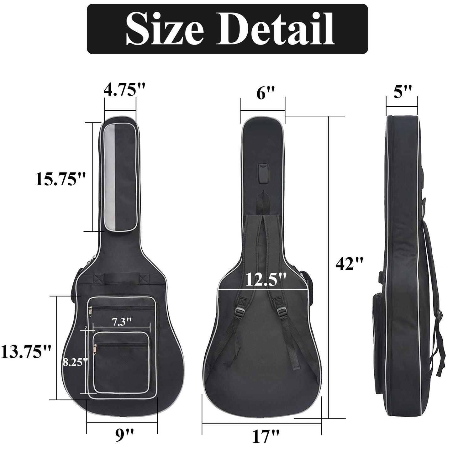 Tosnail 41 Inch Full Size Padded Acoustic Guitar Gig Bag with Backpack Shoulder Strap, 2 Carry Handle & 5 Pockets - Bonus Guitar Strap