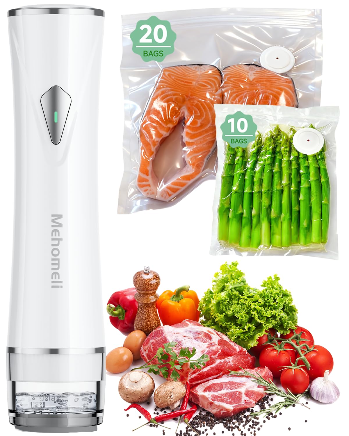 Mehomeli Compact Vacuum Sealer for Food (Vacuum Sealer Machine + 30 Reusable Vacuum Bags), Powerful Handheld Vacuum Sealer Machine, Seal Food 6X Fresh Longer, Portable & Wireless, Easy-Clean