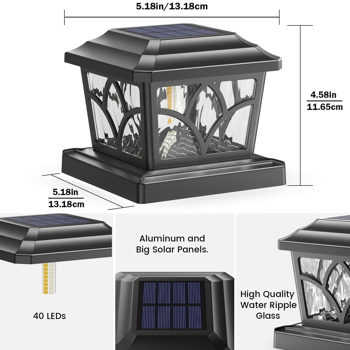 SIEDiNLAR Solar Post Cap Lights Outdoor 4 Modes 40 LEDs Aluminum Glass Deck Post Light for 4x4 5x5 6x6 Wooden Vinyl Posts Fence Patio Decor, Warm White & Cool White Dynamic Lighting Black (2 Pack)