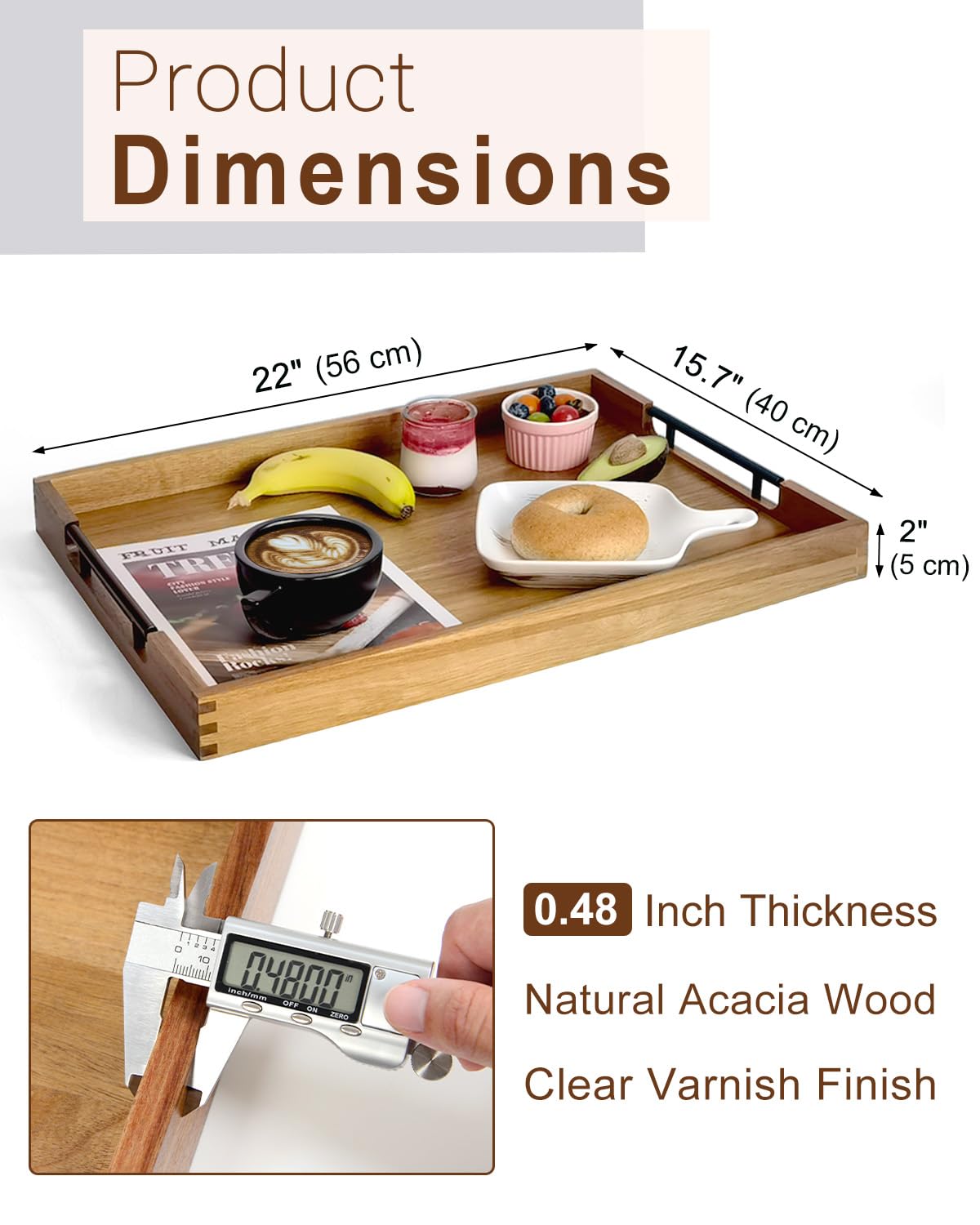 OurMiao 22 Inches Acacia Wood Serving Tray with Metal Handles, Large Wooden Rectangle Ottoman Tray, Decorative and Durable Design for Living Room Coffee Table Couch