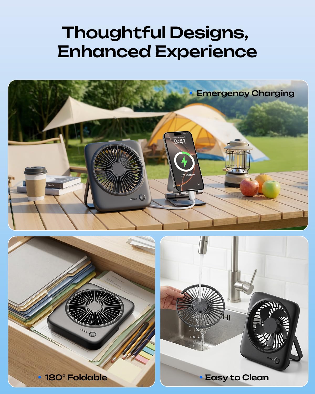 Otlonpe Personal Portable Desk Fan 2 Pack, 4000mAh Small Rechargeable Portable Fan Battery Operated & USB Powered for Travel Sleeping Bedroom Office Home Table, Cordless, Quiet, 4-Speed 6.5 Inch