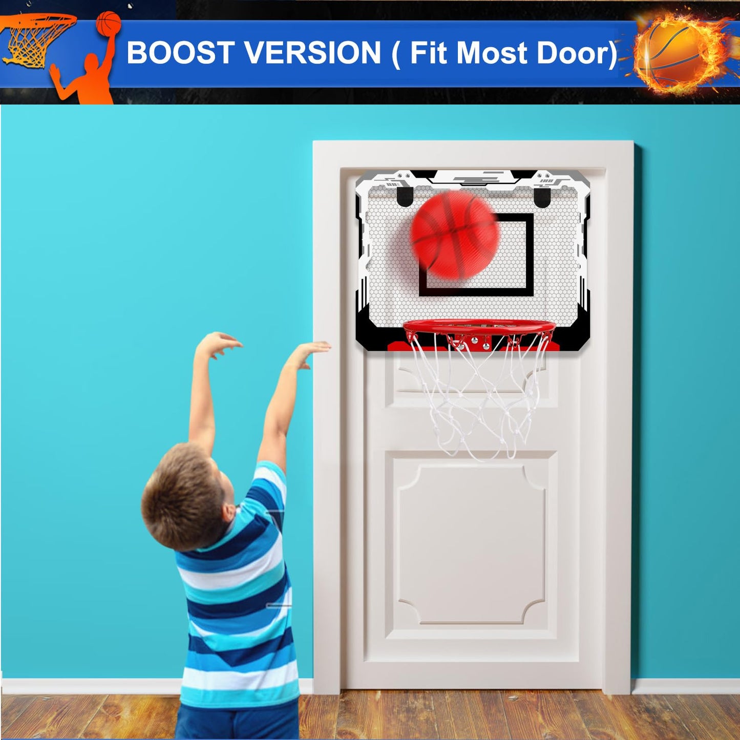 Indoor Over Door Mini Basketball Hoop Set for Kids Adults, Upgrade Wall Mount Basketball Hoop for Wall with Large Dunk Rim, Room Basketball Hoops Game with 4 Small 6" Balls Gift for Boys Girls Teen