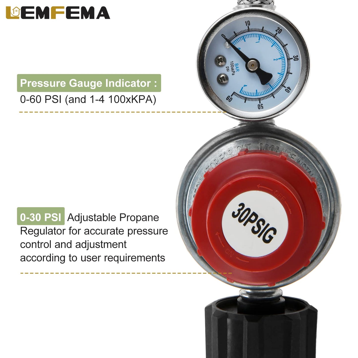 12Ft 0-30PSI High Pressure Adjustable Propane Regulator with Gauge, Stainless Steel Braided Hose Fit for Grill, Burner, Cooker, Turkey Fryer, Propane Heater, Fire Pit, QCC1 x 3/8" Female Flare Fitting