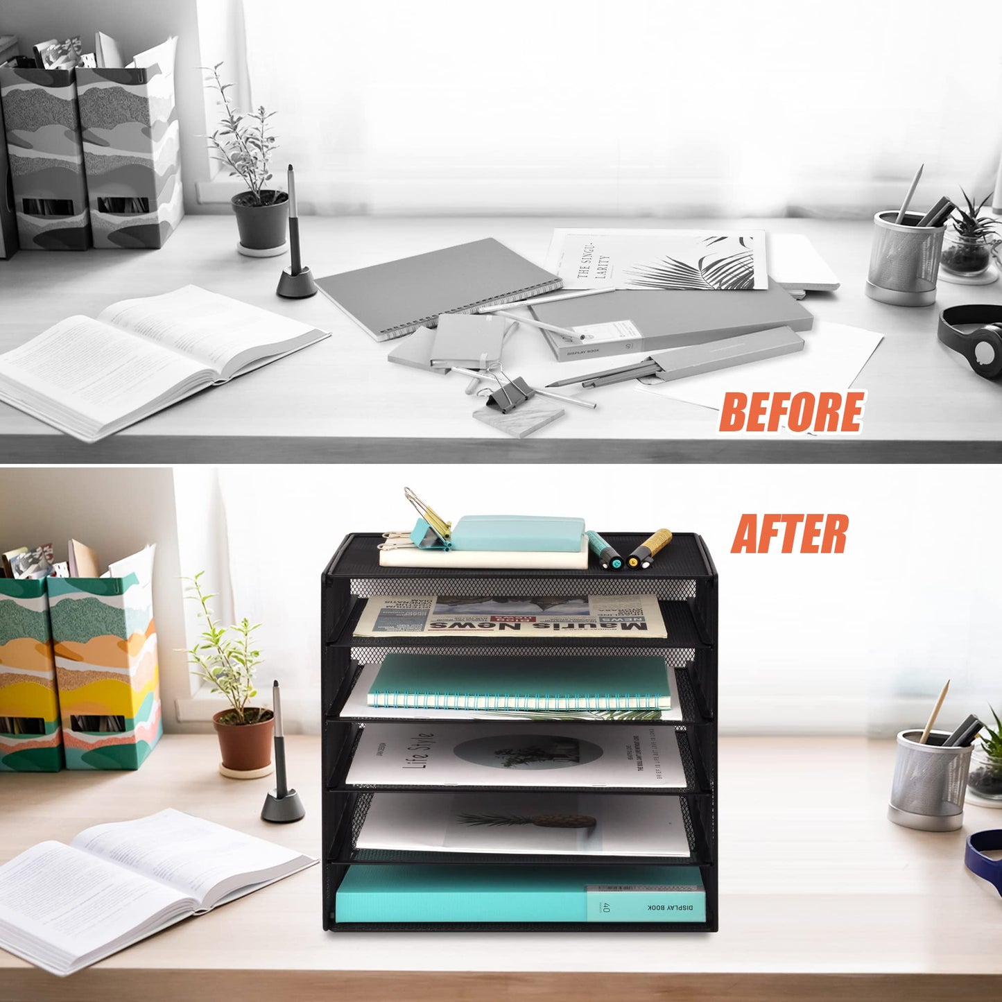 EASEPRES 6 Slot Wire Desk File Organizer Tray, Mesh Filling Paper Letter Tray Metal Desktop Paper Sorter Literature Organizer Rack for Home Office School, Black