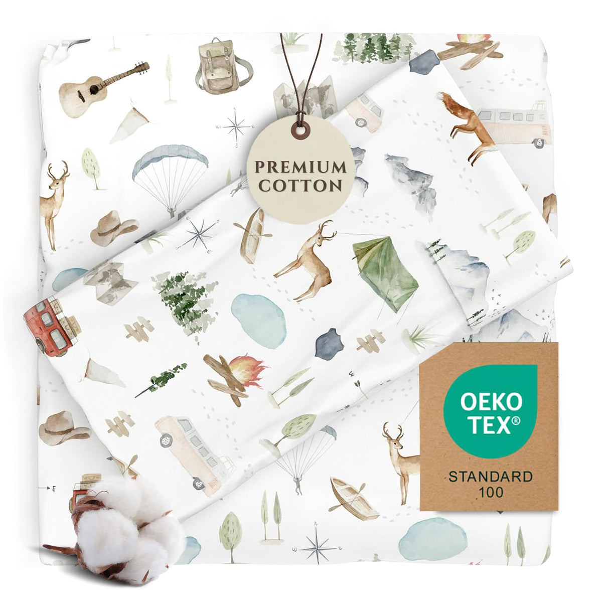 Pobi Baby Premium Twin Full Bed Sheet Set – Kids Double Bed Sheets in Cotton Blend | Ultra-Soft Woodland Camping Print with Fitted Sheet, Flat Sheet & Pillowcases - 3 PC (Explore)