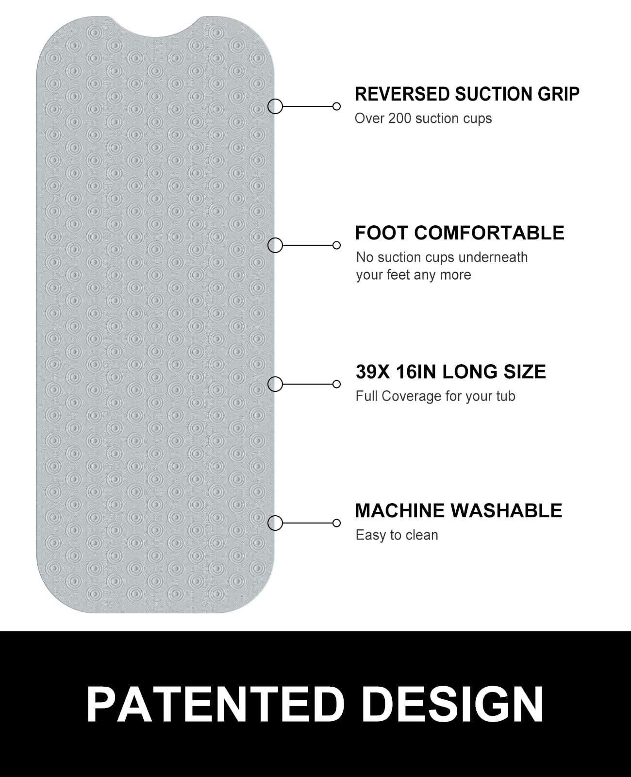OTHWAY No Suction Cup Bath Mat: 39x16inch Extra Long Bathmat│Perfect for Refinished Bathtub Mat│Made of Nature Rubber│a Blessing for The Elderly and Children (Grey)