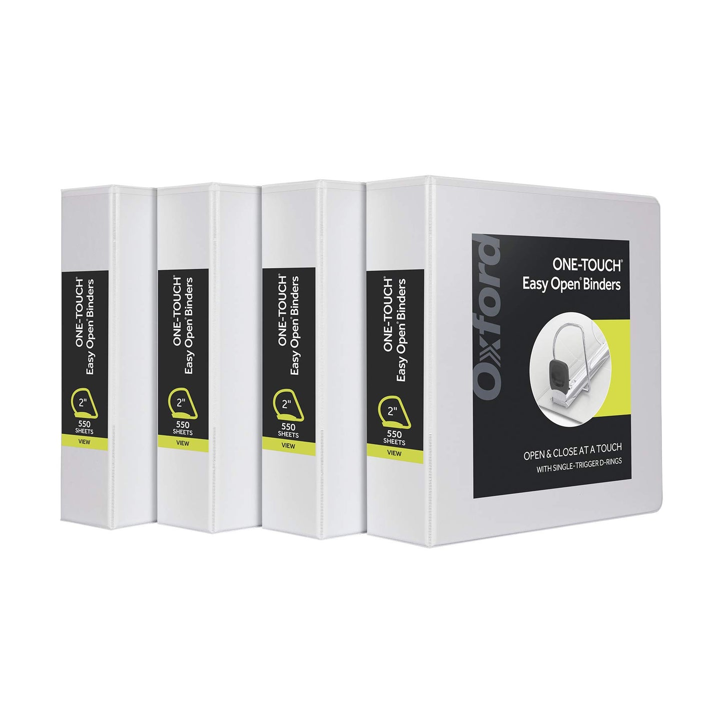 Oxford 3 Ring Binders, Binders for School and Office, 2 Inch ONE-Touch Easy Open D Rings, 3-Sided View Binder Covers, Xtralife Hinge, Non-Stick, PVC-Free, White, 530-Sheet Capacity, 4 Pack (79910)