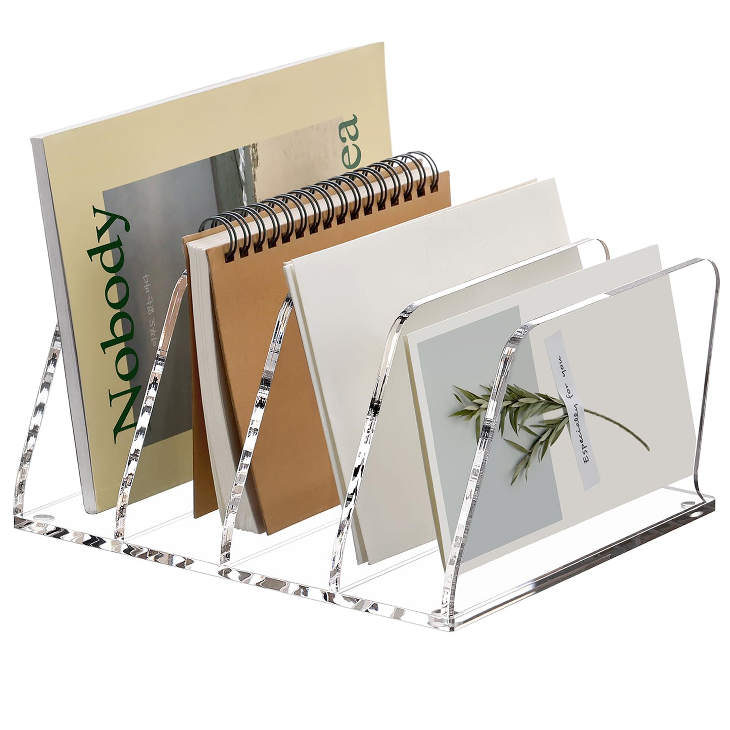 SANRUI Acrylic Desk File Sorter Organizer Holder, 4-Section Clear Vertical Letter File Folder Rack, Notebook Magazine Desktop Binder Mails Storage Bookshelf Upright Divider for Home Office School
