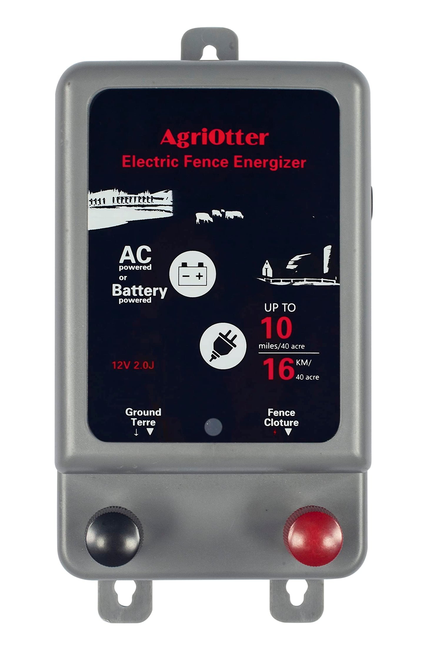 AgriOtter Electric Fence Energizer 40 Acre 2 in 1 Powered by Battery or AC Outlet 12000V 2J Pulse Electric