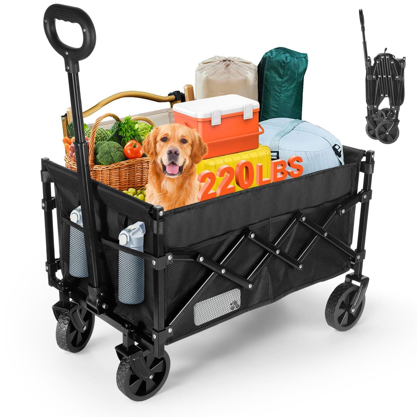 cjc 220LBS Folding Wagon Cart, Heavy-Duty Wagon Carts Foldable with 360° All Terrain Wheels, Large Capacity Outdoor Utility Collapsible Wagon for Camping Grocery Beach Garden 27.5" x 16.9" x 35.4"