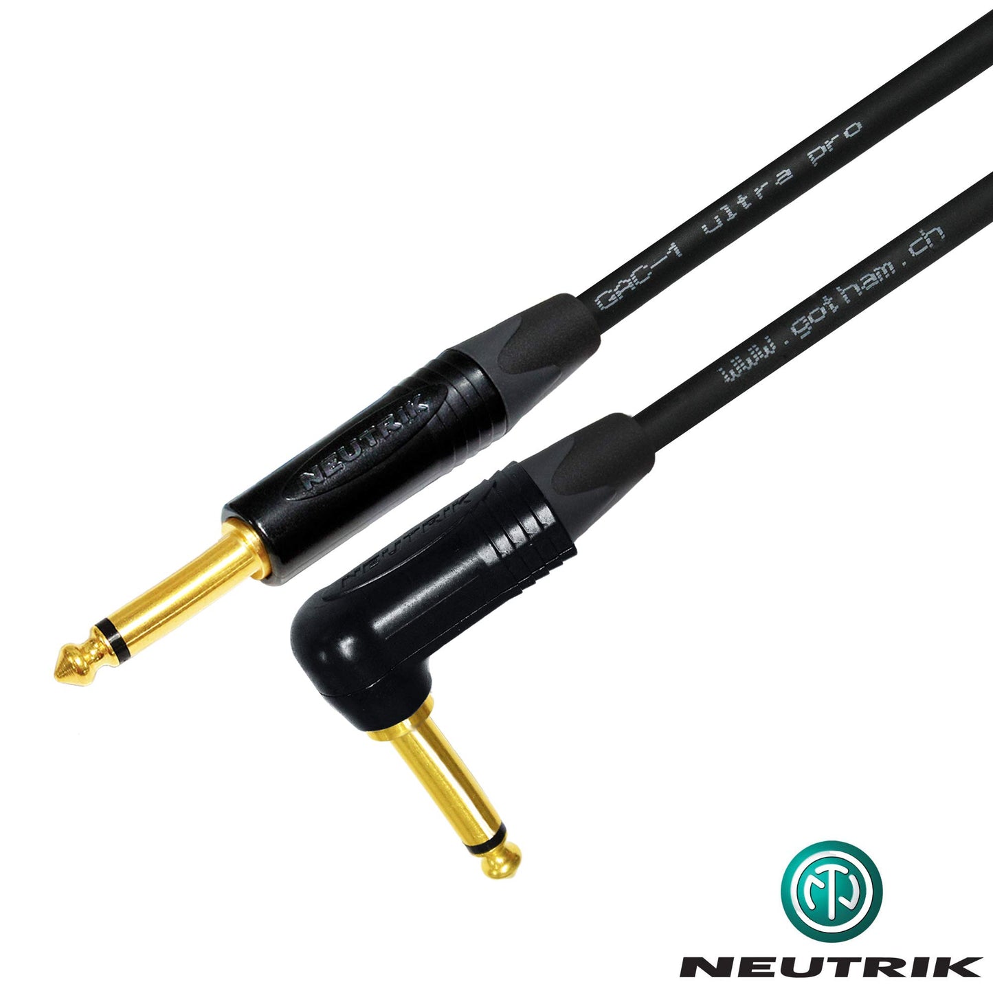 WORLDS BEST CABLES 30 Foot - Gotham GAC-1 Ultra Pro - Premium Low-Cap (21 pf/F) Guitar Bass Instrument Cable – w/Neutrik Gold Straight to Angled ¼ inch (6.35mm) TS Connectors - Custom Made