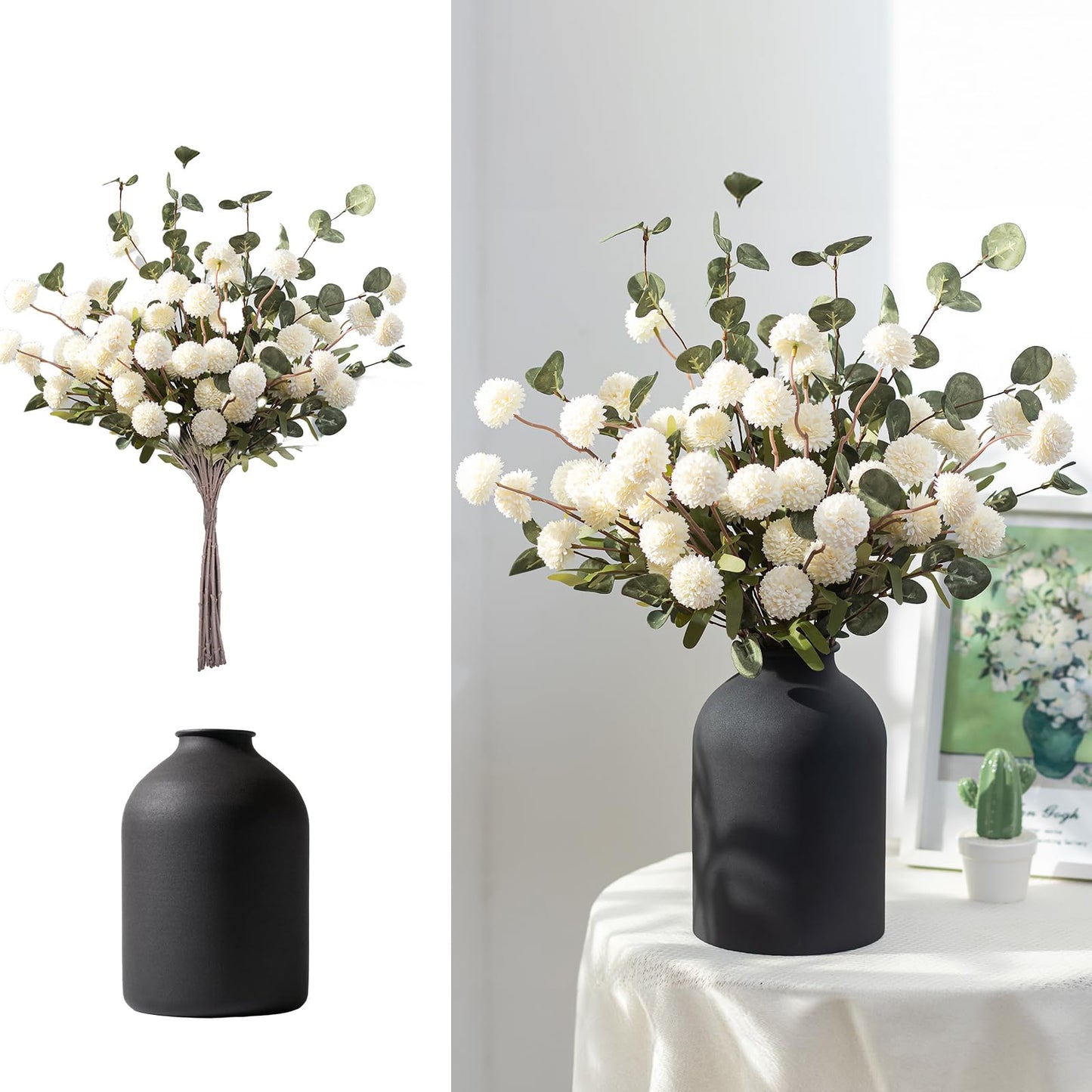 BLOSMON Fake Flowers in Vase for Centerpieces: Metal Vase with 12 Stems of Artificial Kiku Flowers Eucalyptuses Home Table Decor - White Faux Pom Poms Floral Arrangements for Living Room