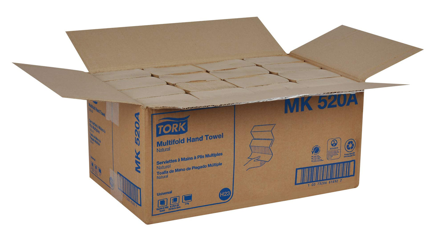 Tork Universal MK520A Multifold Paper Hand Towel, 1-Ply, 9.5" Width x 9.13" Length, Natural, (Case of 16 Packs, 250 per Pack, 4,000 Towels)