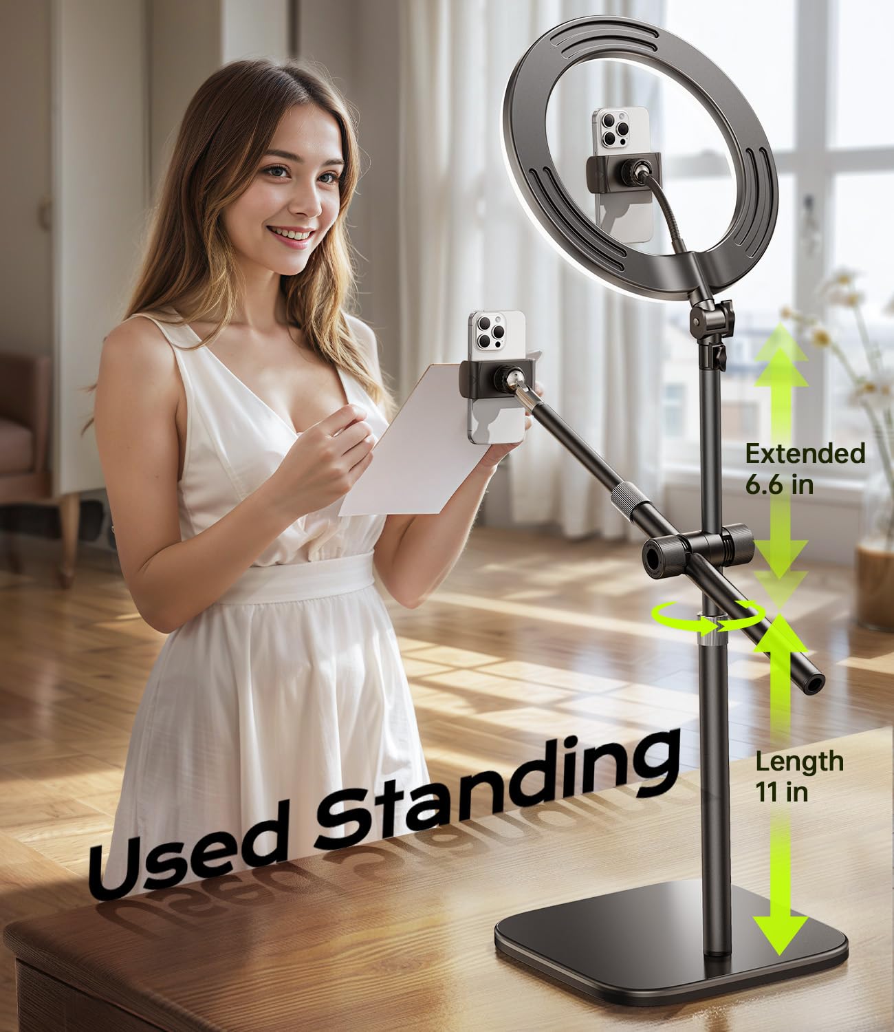 ATKTTOP Overhead Phone Mount, Overhead Camera Stand[Anti-Shaking] with 10.5" Ring Light, Desk Stand for iPhone with Ring Light for Video Recording, Zoom Meeting,YouTube,TikTok (Set 1)