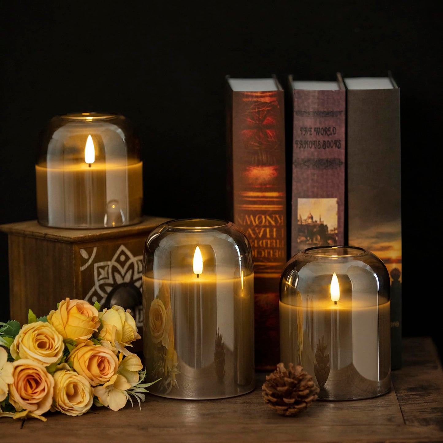 volnyus Gray Glass Flameless Candles Set of 3 (Φ 4" H 4" 5" 6") with Remote Battery Operated Flickering LED Pillar Candles Real Wax 3D Wick
