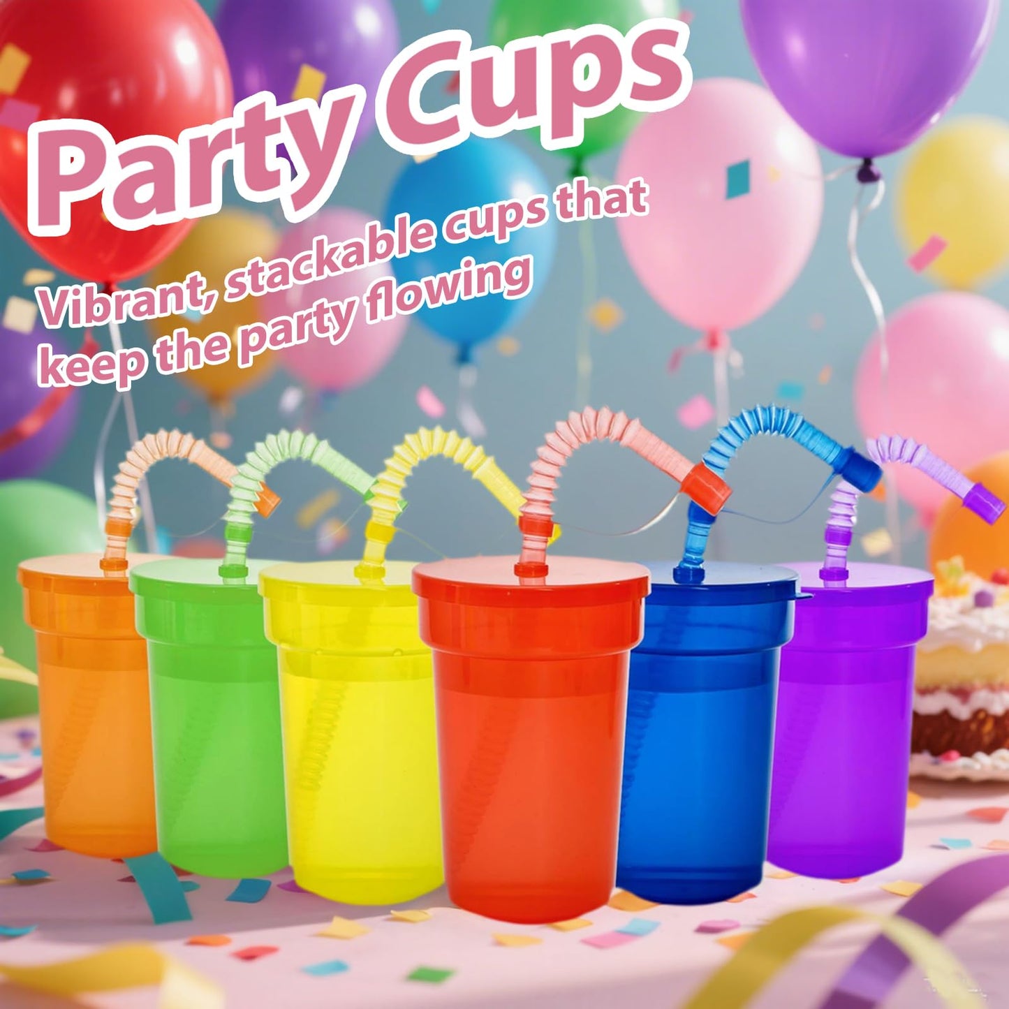 WRINGKIT 24 Pcs Plastic Cups with Lids and Straws, 12 Oz Colorful Neon Sipper Cup, Leak Proof Tumbler Cups Bulk, Reusable Juice Cups for Birthday, Events Celebrations Supplies, 6 Colors