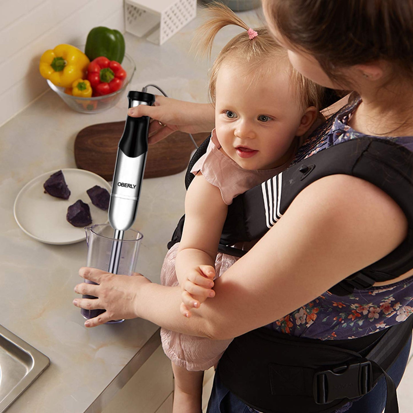 Immersion Hand Blender Electric, OBERLY 500W Heavy Duty 3-in-1 Handheld Stick Mixer, Smart Stepless, Stainless Steel Blade with Milk Frother, Egg Whisk for Coffee Foam, Smoothies and Puree