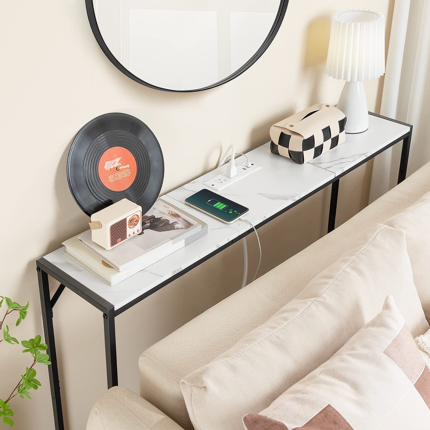 MAHANCRIS 110 cm Console Table, 43.3” Narrow Sofa Table, Entrance Table with Power Station, Behind Couch Table, for Living Room, Hallway, Entryway, Foyer, Marble and Black CTHM112E01