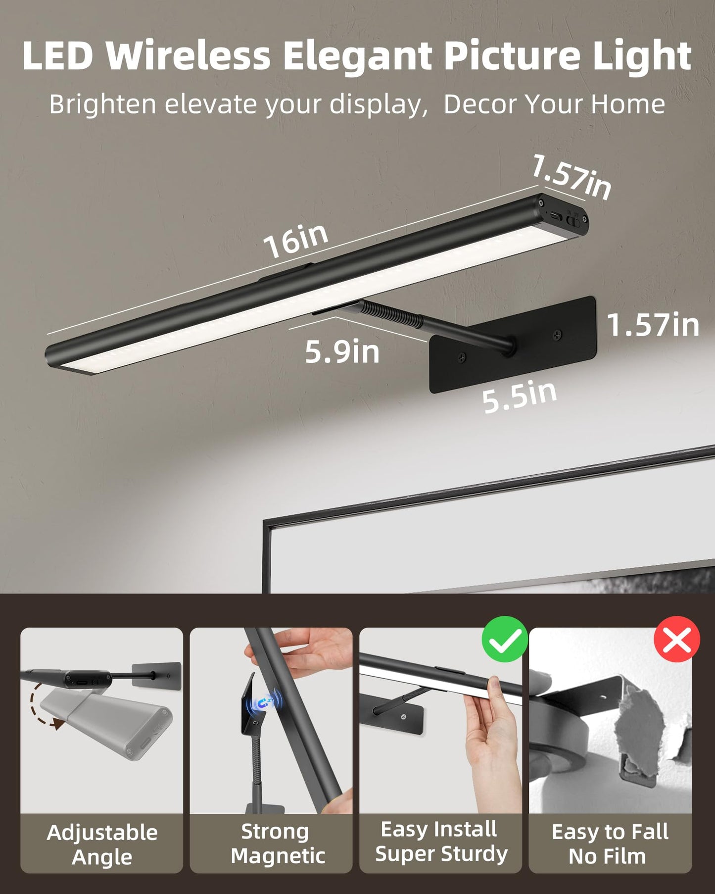 EZVALO 16'' Picture Light for Wall, 4800mAh Rechargeable Wireless IR Remote Control Battery Lights for Painting, Dimmable Magnetic LED Art Display Light, Colors Temperatures, for Gallery, Living Room