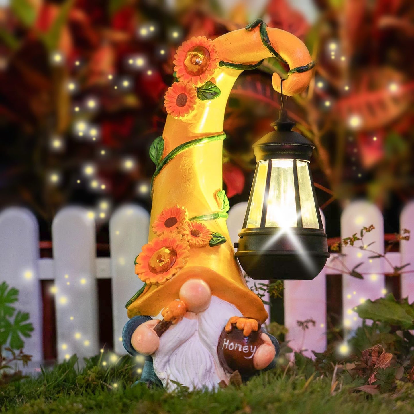 twinbling Birthday Gifts for Mom Grandma 12" Solar Fall Gnome Sunflower Garden Statues Honey Bee Jar Decor with LED Lantern Outdoor Summer Gnomes Decorations Patio Yard Balcony Art Gifts for Women