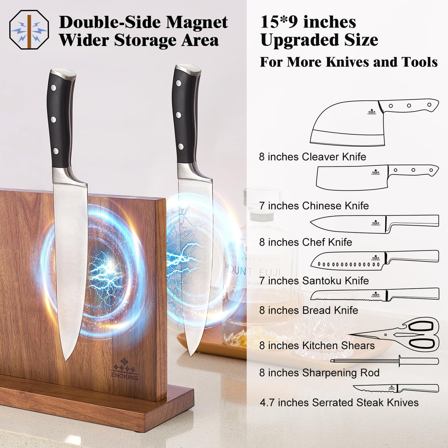 Extra Large Magnetic Knife Block, Double-Sided Acacia Wood Knife Holder with Built-in Powerful Magnetic Strips, 15.2" Universal Knife Storage Organizer for Kitchen Counter, No Drilling Required