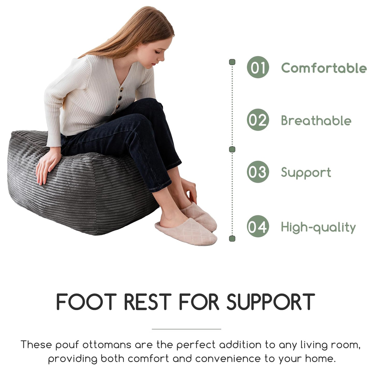 HIGOGOGO Square Stuffed Pouf Ottoman, Corduroy Poufs with Foam Chunk Filling, 21.5 X 21.5 Floor Poufs Foot Rest for Living Room,Dark Gray
